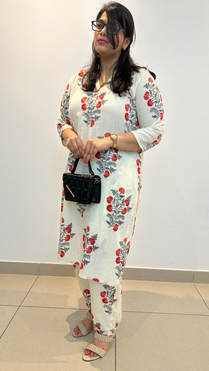 Off-White Cotton Zehra Red Petal Suit Set