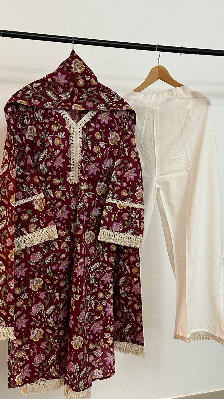 Cherry Red Cotton Sanganeri Block Print Ruhani Suit Set