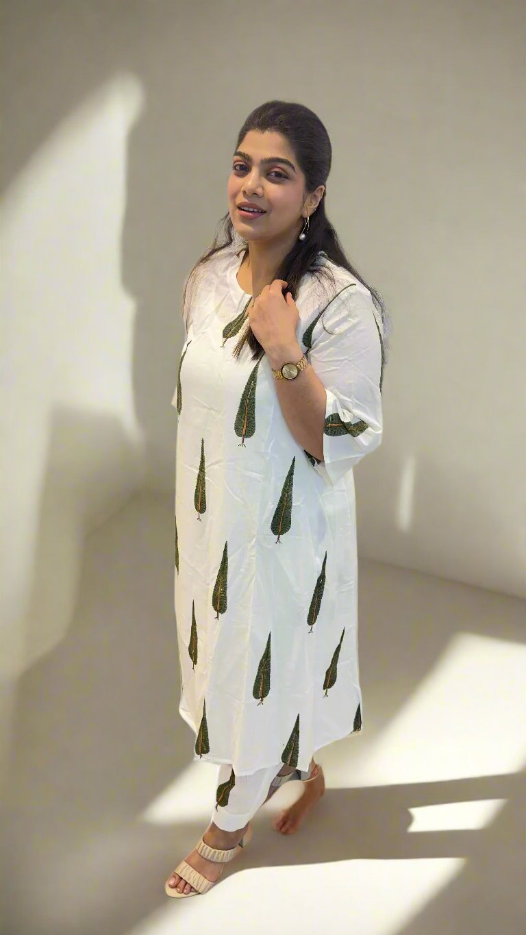 White-&-Green-Cotton-Vṛksha-Kurta-&-Pant-Set
