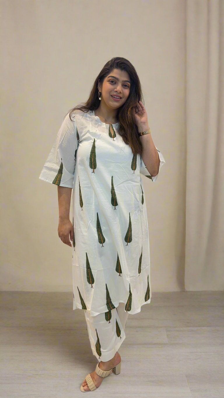 White-&-Green-Cotton-Vṛksha-Kurta-&-Pant-Set