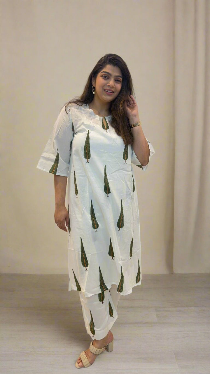 White-&-Green-Cotton-Vṛksha-Kurta-&-Pant-Set