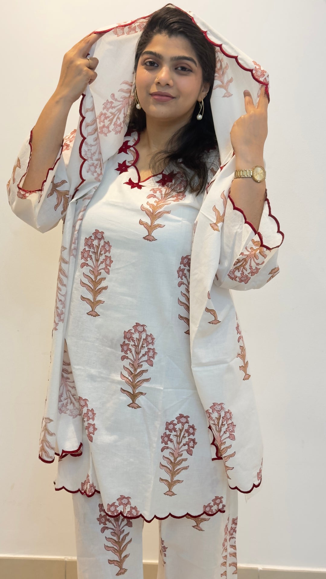 Mahira White & Maroon Cotton Hand Block Print Suit Set