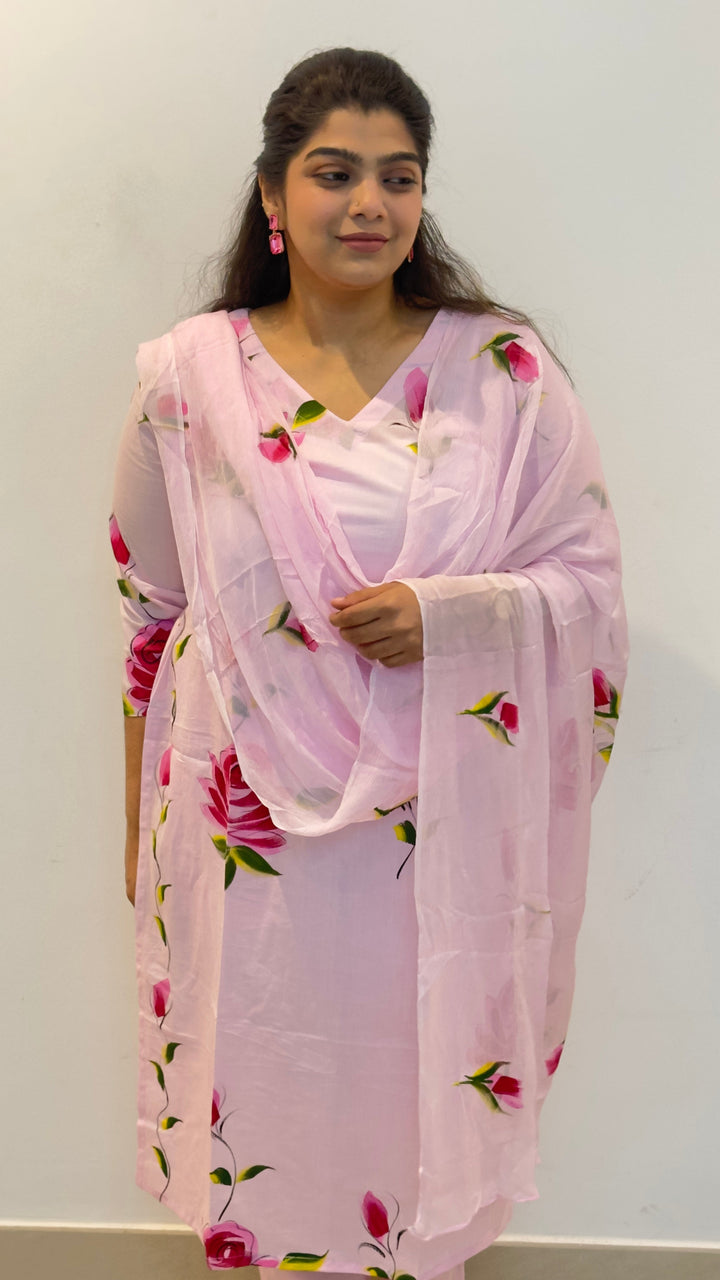 Pink-Cotton-Hand-Painted-Phool-Floral-Kurta-Set