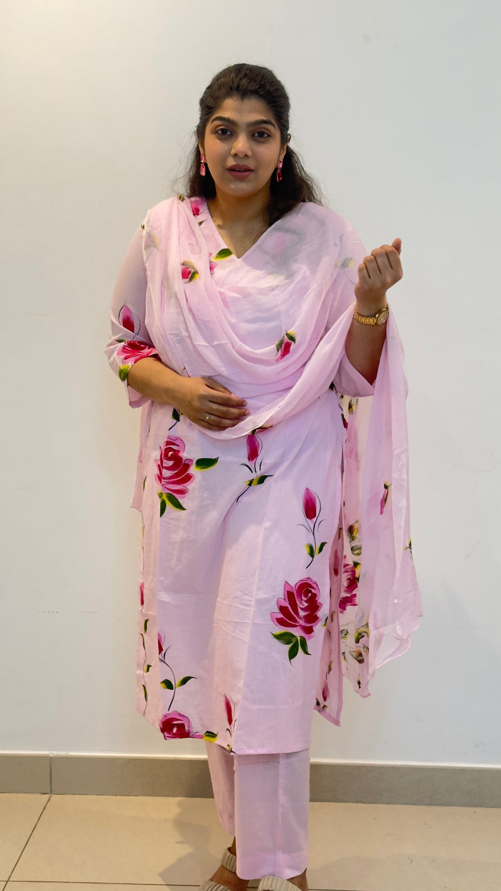 Pink-Cotton-Hand-Painted-Phool-Floral-Kurta-Set