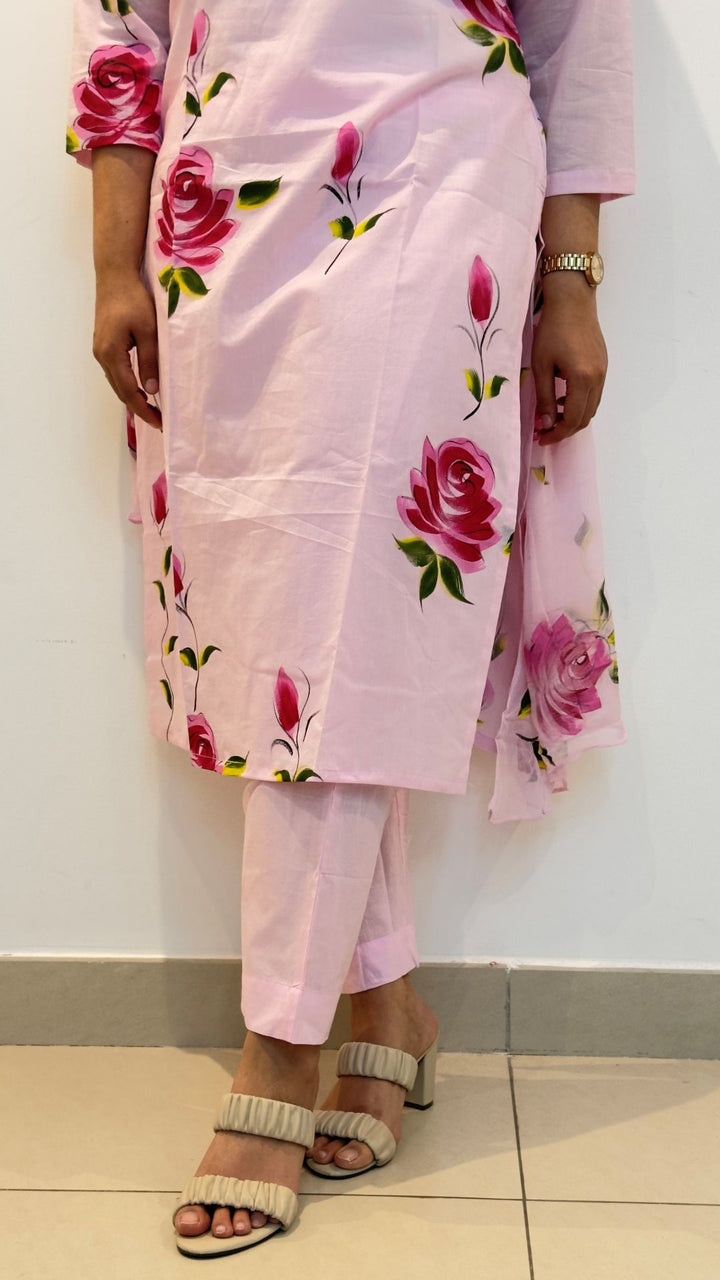 Pink Cotton Hand-Painted Phool Floral Kurta Set