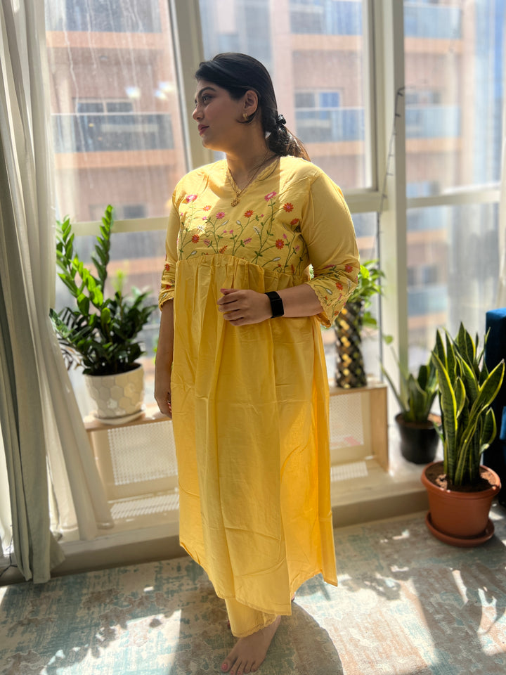 Yellow Cotton Gulbahaar Floral Anarkali Set