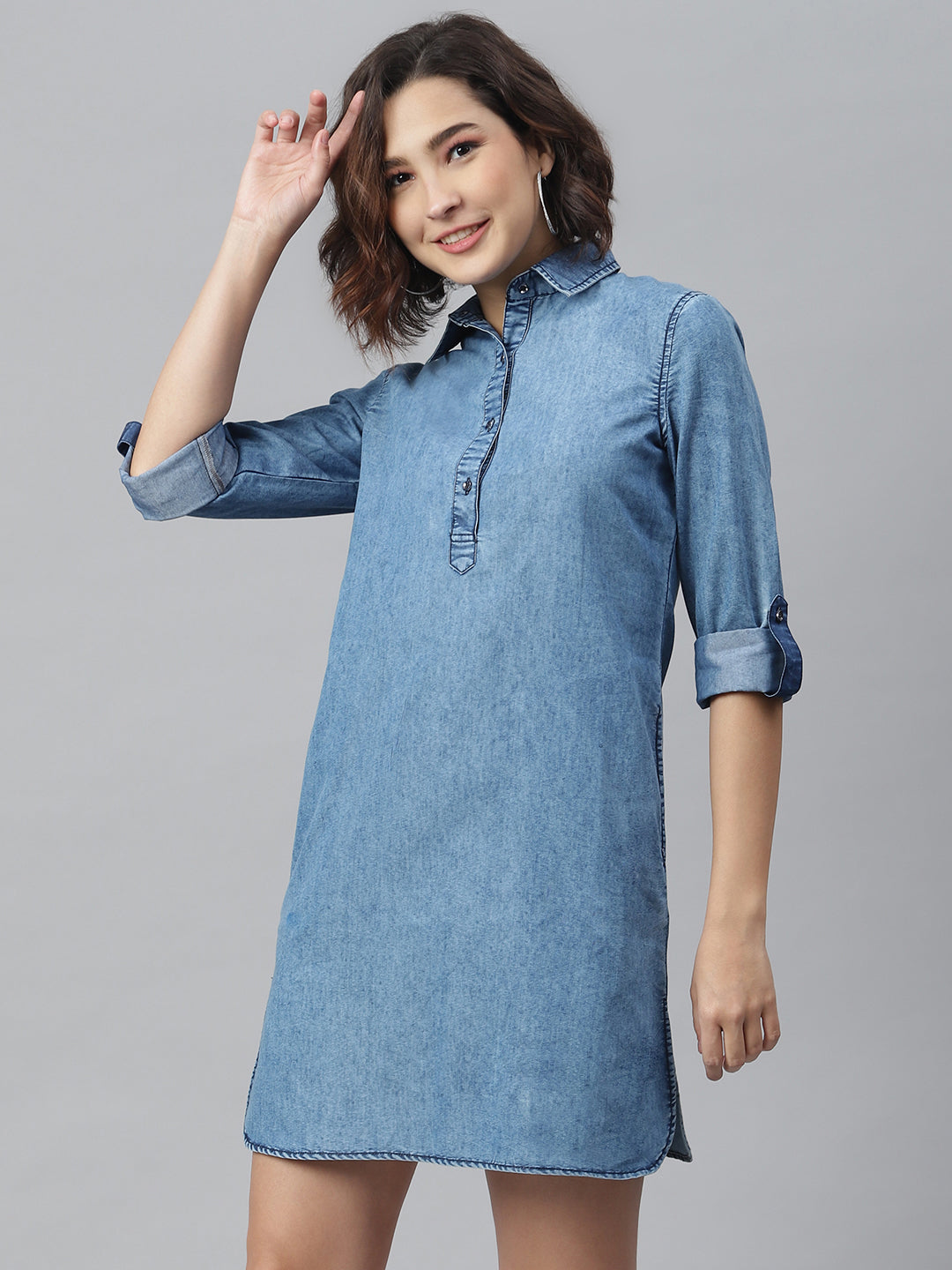 Ice Blue Denim Solid Shirt Dress