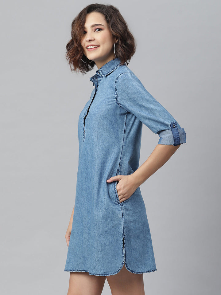 Ice-Blue-Denim-Solid-Shirt-Dress