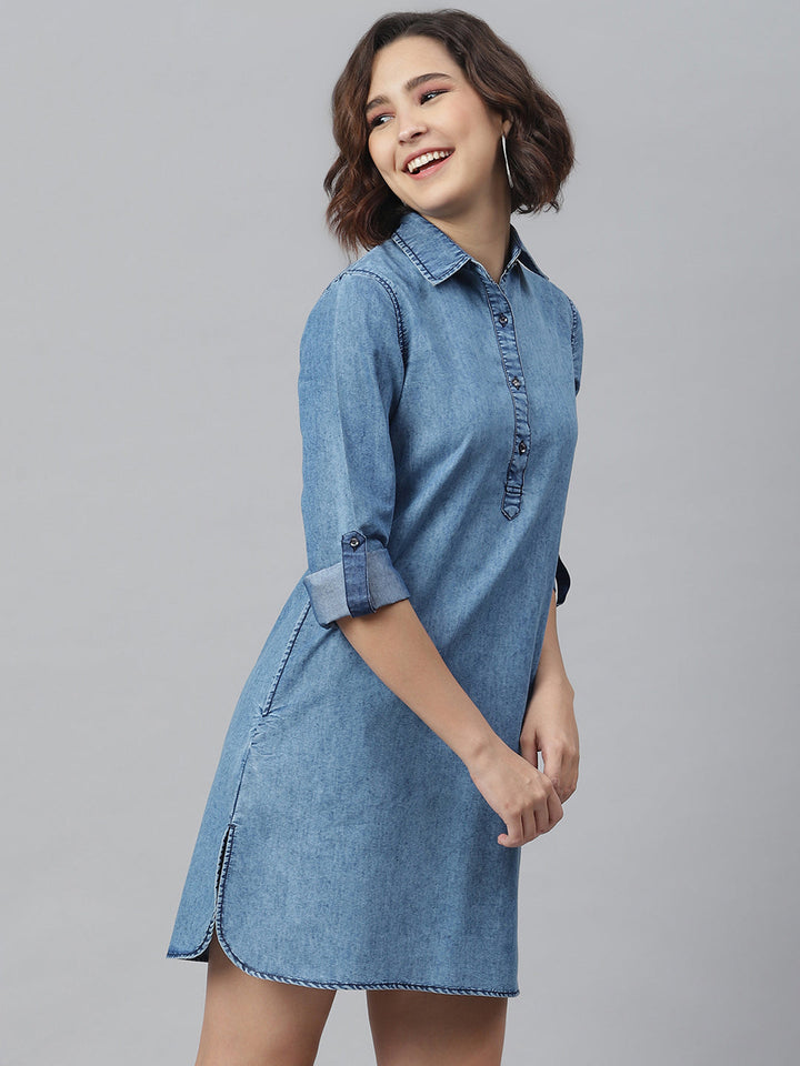 Ice-Blue-Denim-Solid-Shirt-Dress