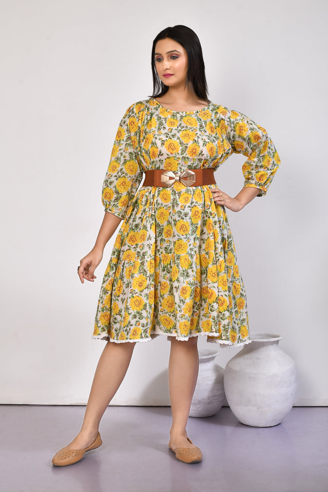 ZERESOUQ-Ishya-Yellow-Cotton-Floral-Tiered-Cotton-Midi-Dress