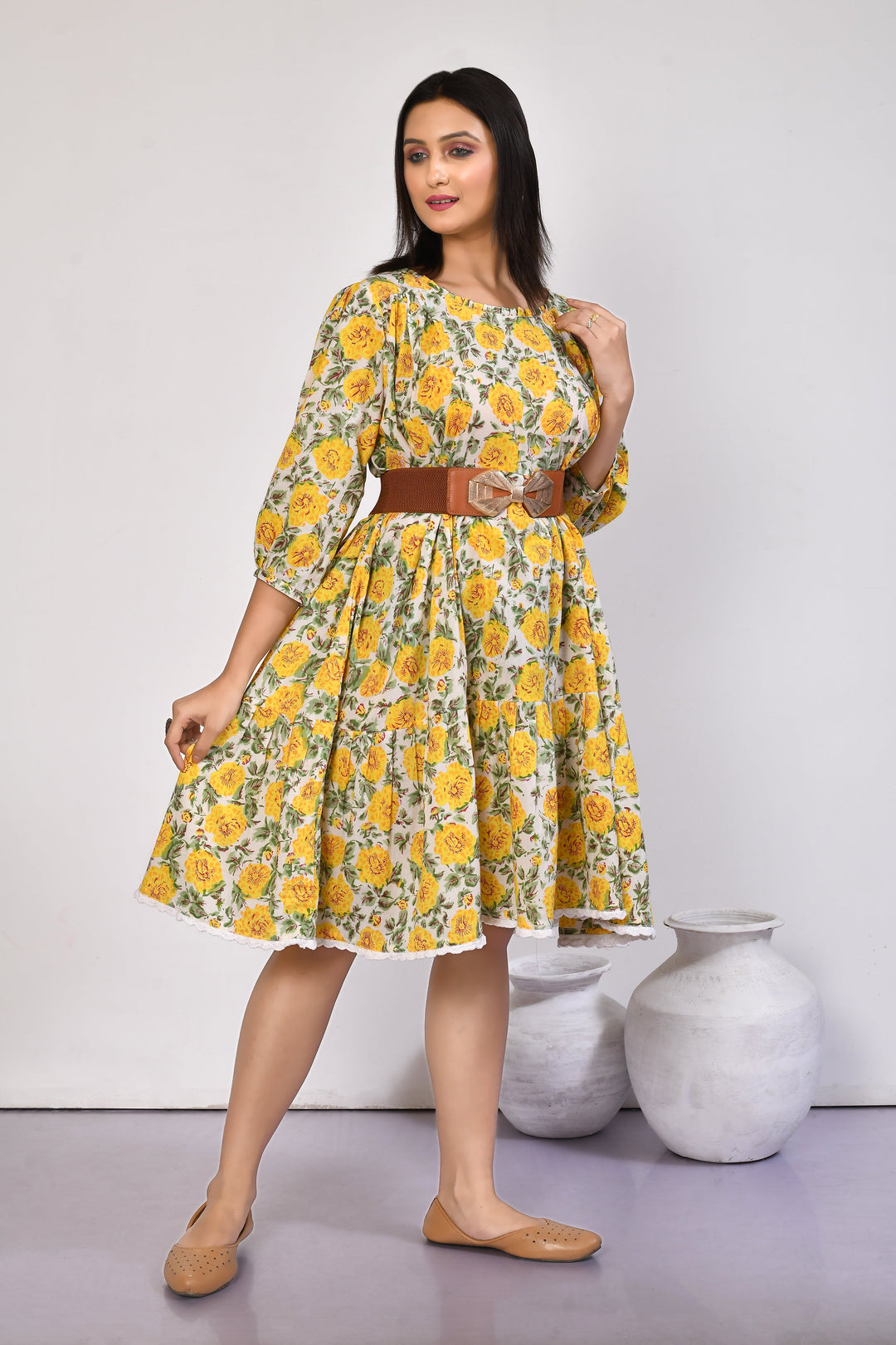 ZERESOUQ-Ishya-Yellow-Cotton-Floral-Tiered-Cotton-Midi-Dress