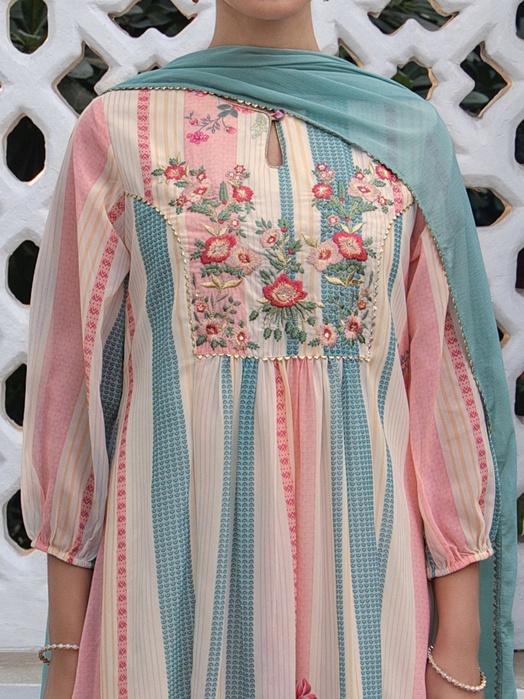 Cream Georgette A-Line Floral Printed 3-Piece Kurta Set