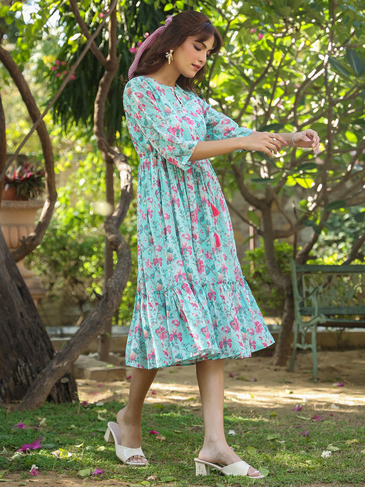 Turquoise Georgette Floral Printed A-Line Dress