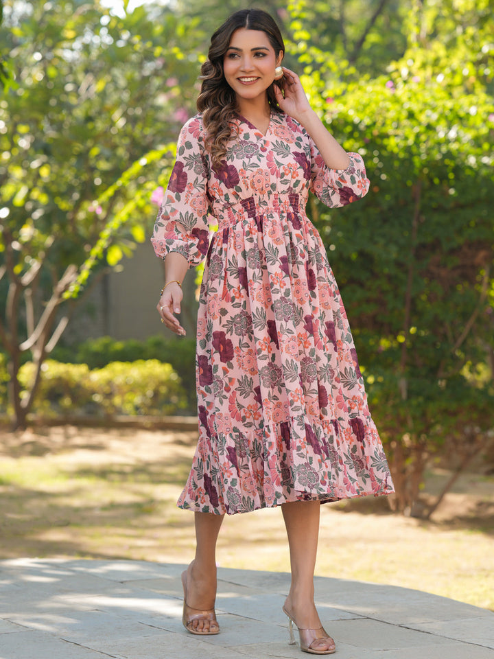 Peach Georgette Fit & Flared Smocked Dress