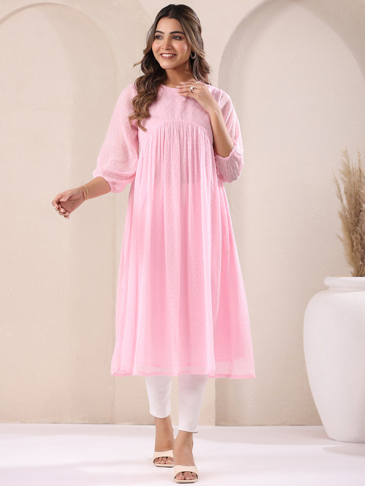 Pink Dobby Chiffon Alia Cut A-Line Kurta Only