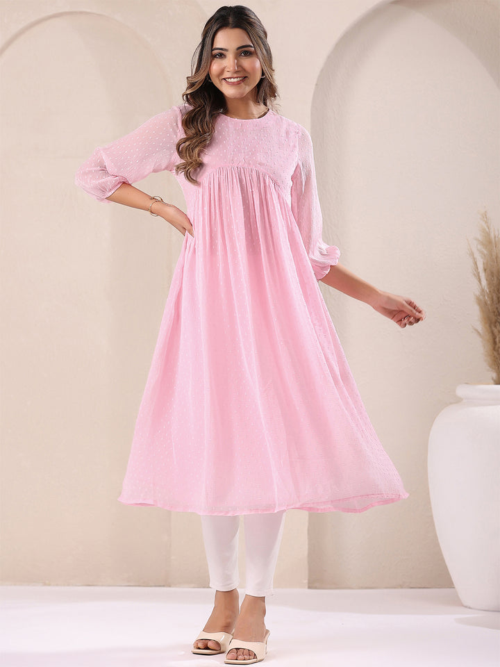 Pink Dobby Chiffon Alia Cut A-Line Kurta Only