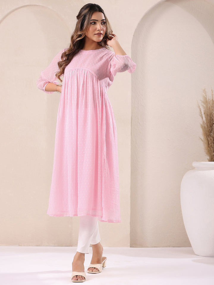 Pink Dobby Chiffon Alia Cut A-Line Kurta Only