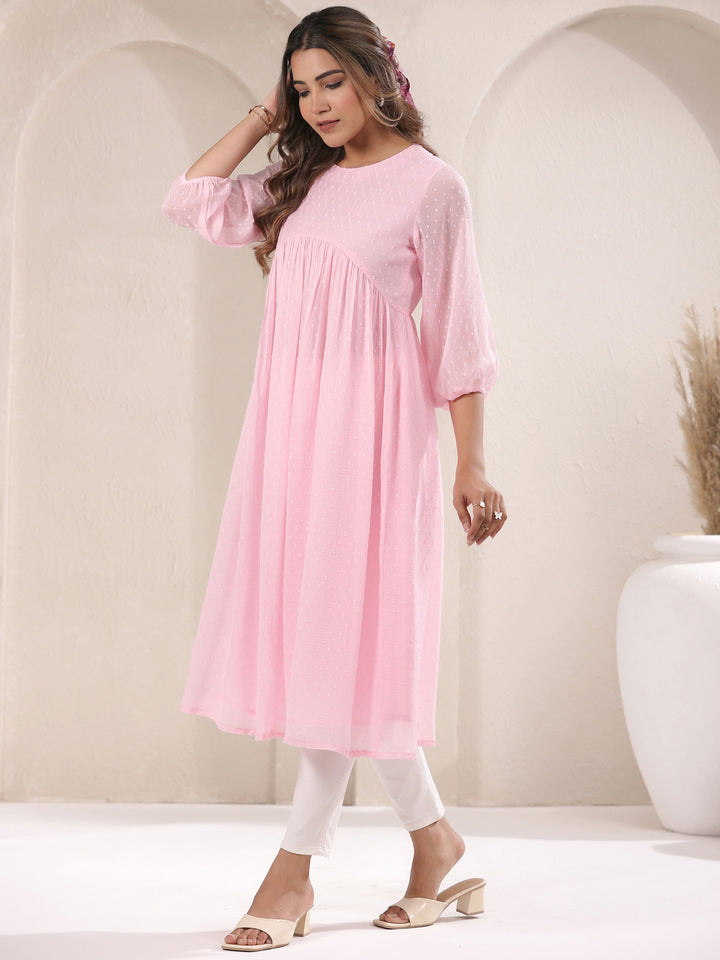 Pink Dobby Chiffon Alia Cut A-Line Kurta Only