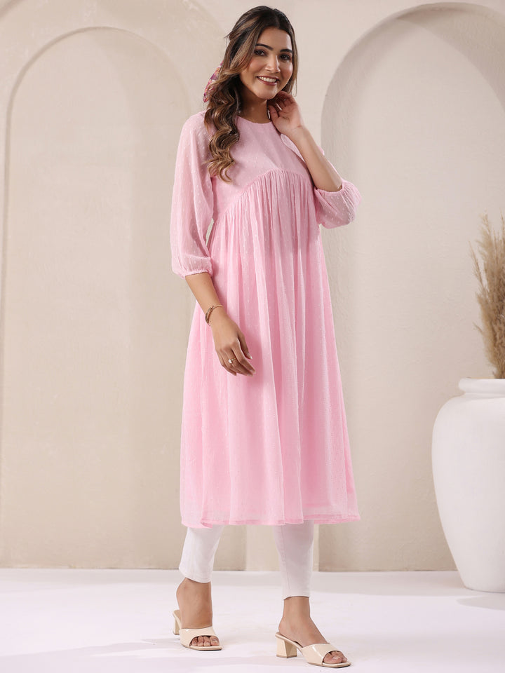 Pink Dobby Chiffon Alia Cut A-Line Kurta Only