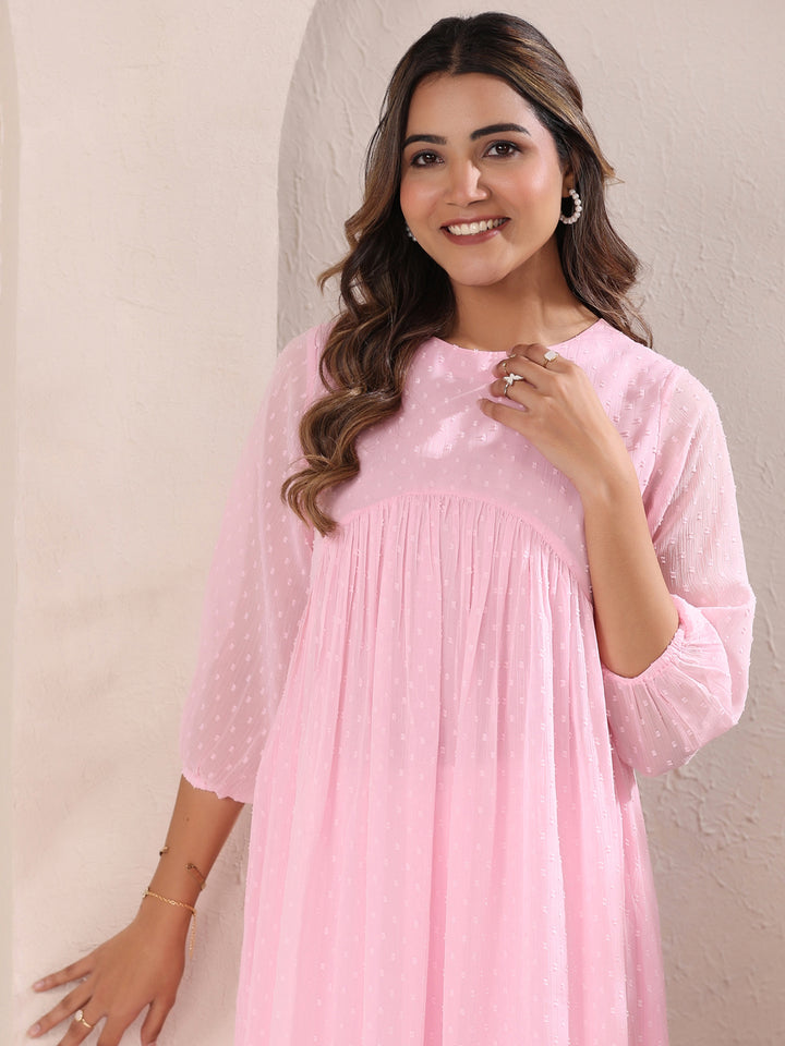 Pink Dobby Chiffon Alia Cut A-Line Kurta Only