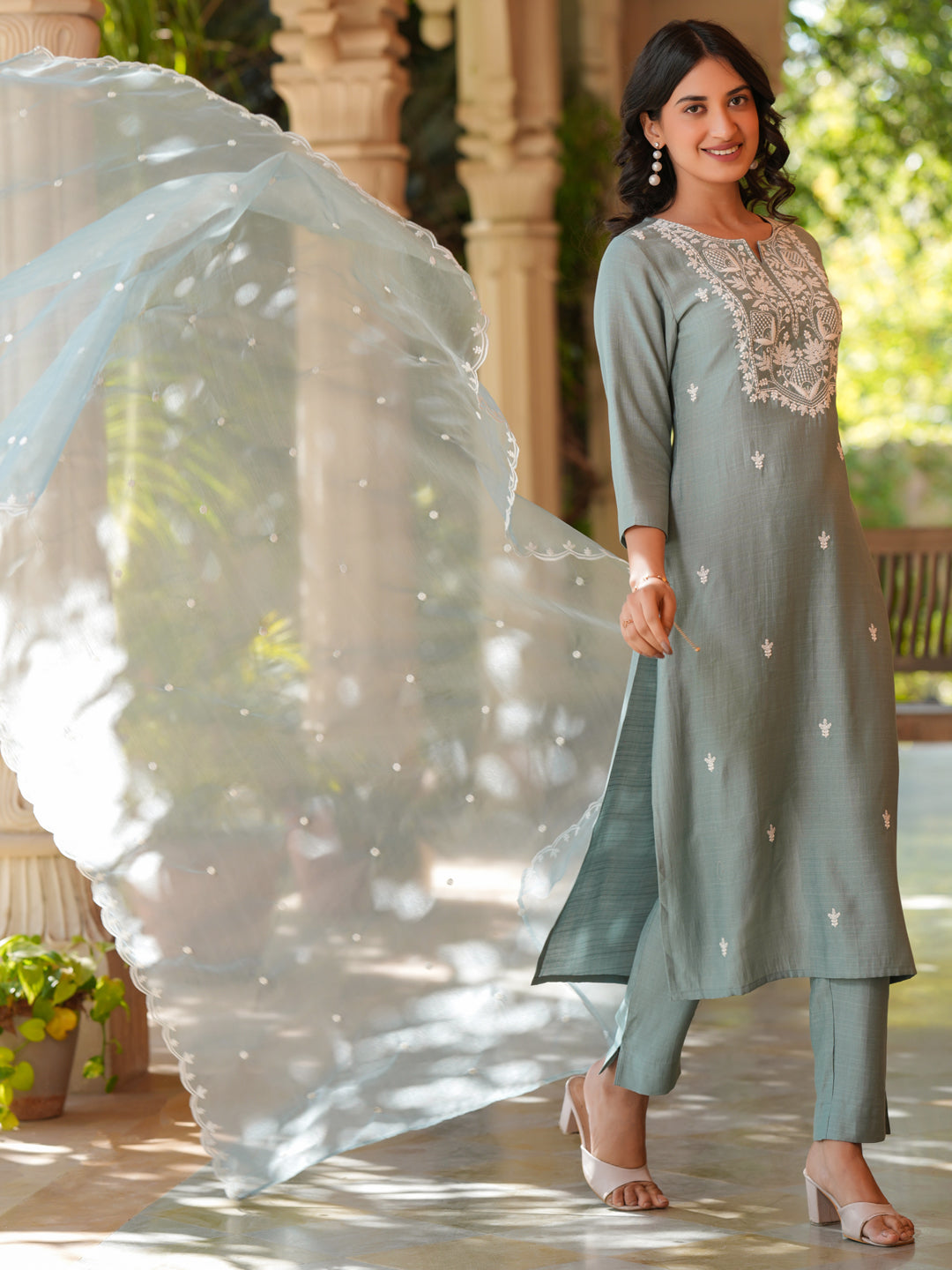 Light Blue Silk Blend Embroidered Kurta Set With Dupatta