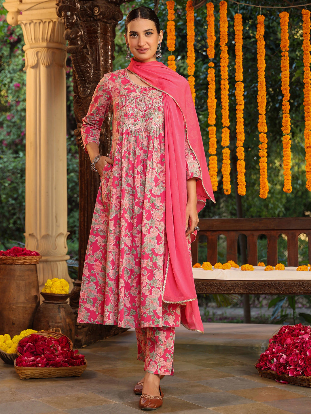 Pink-Cotton-A-Line-Yoke-Embroidered-3-Piece-Kurta-Set