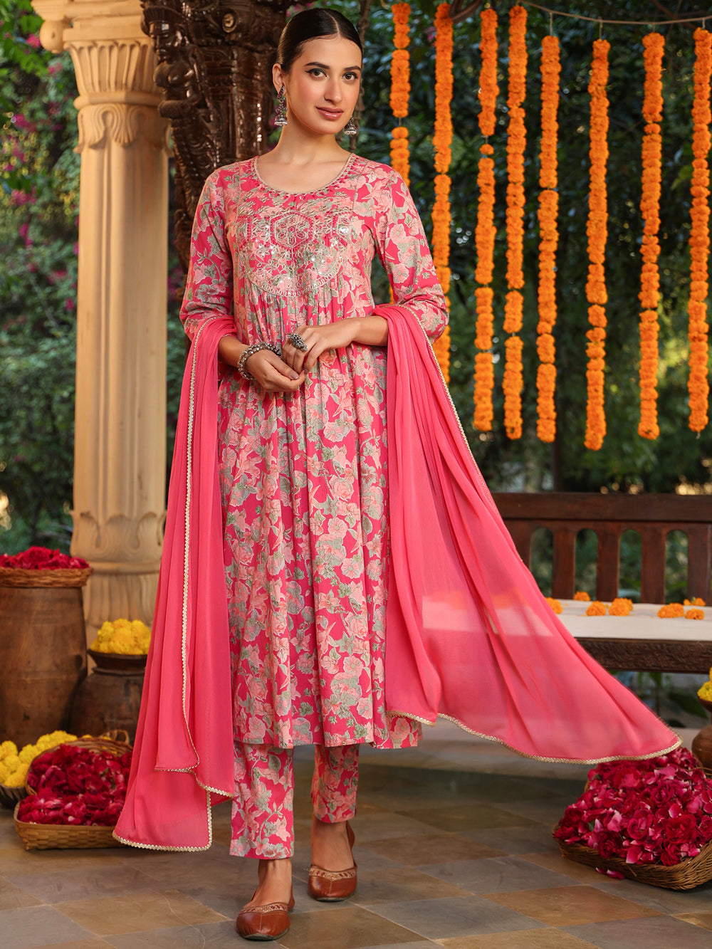 Pink-Cotton-A-Line-Yoke-Embroidered-3-Piece-Kurta-Set
