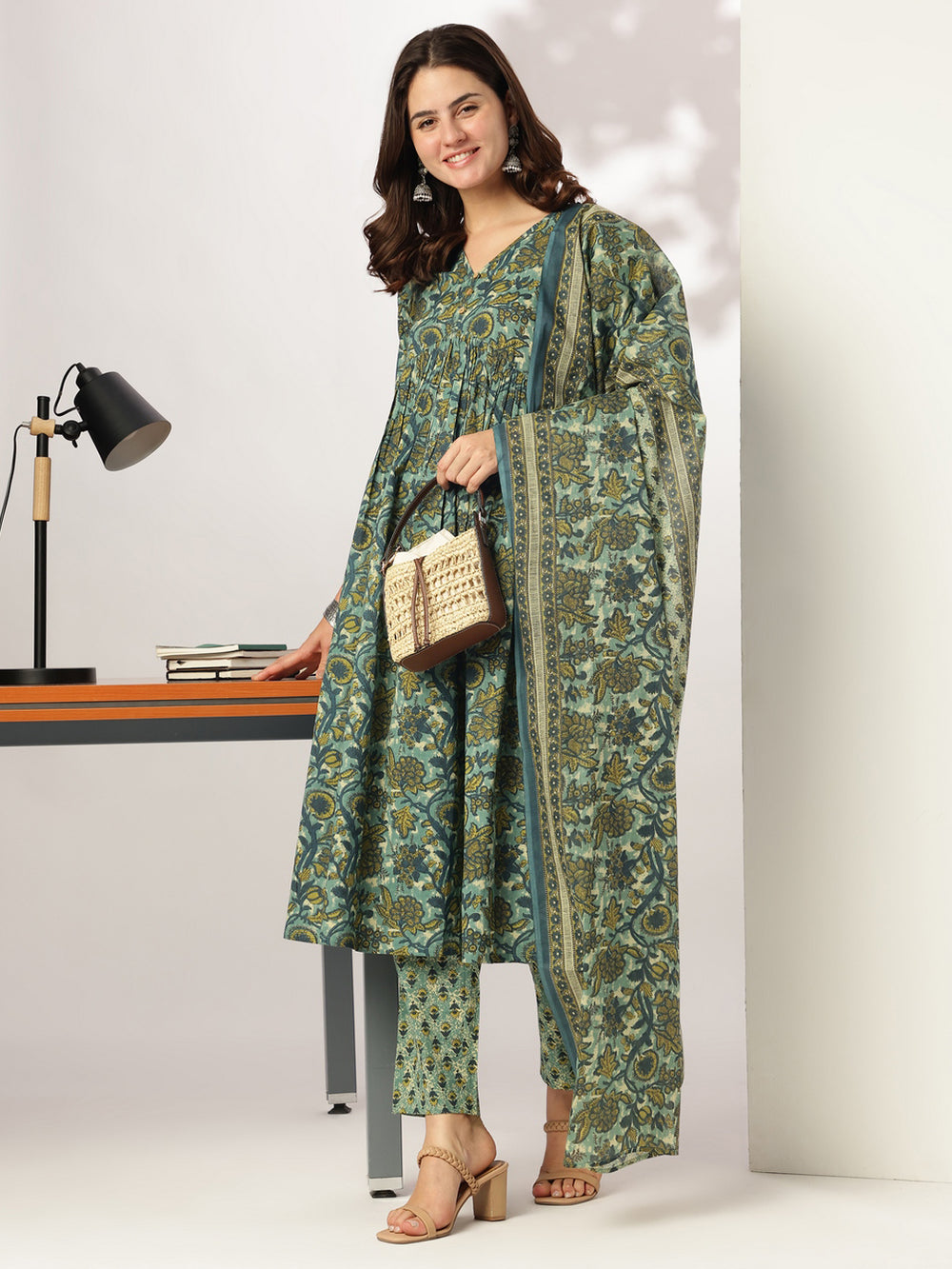 Sea-Green-Cotton-A-Line-Floral-Printed-3-Piece-Kurta-Set