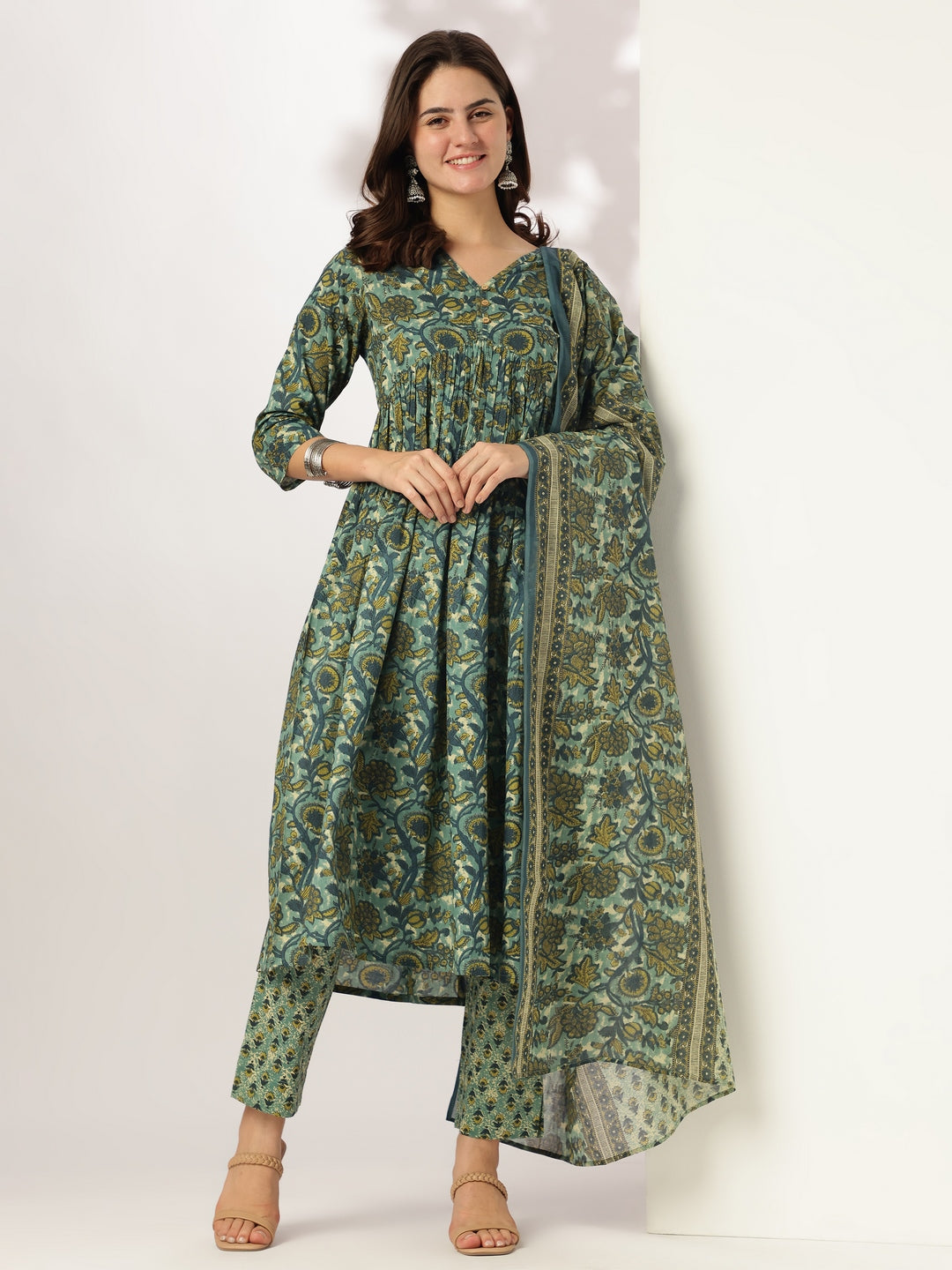 Sea-Green-Cotton-A-Line-Floral-Printed-3-Piece-Kurta-Set