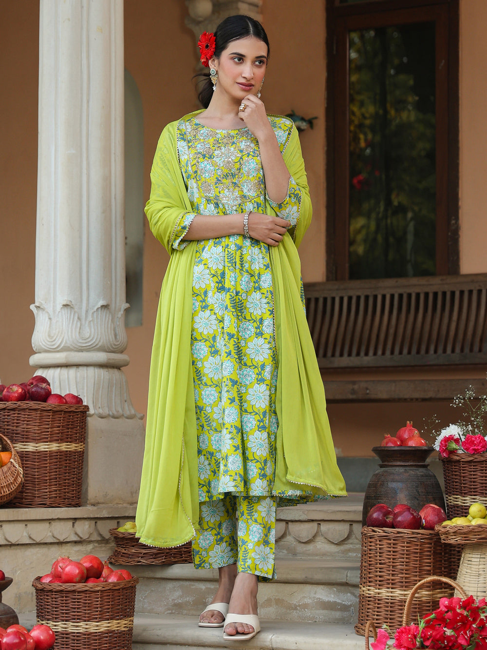 Lime-Green-Cotton-A-Line-Floral-Printed-3-Piece-Kurta-Set