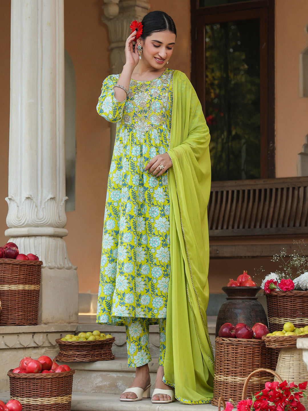 Lime-Green-Cotton-A-Line-Floral-Printed-3-Piece-Kurta-Set