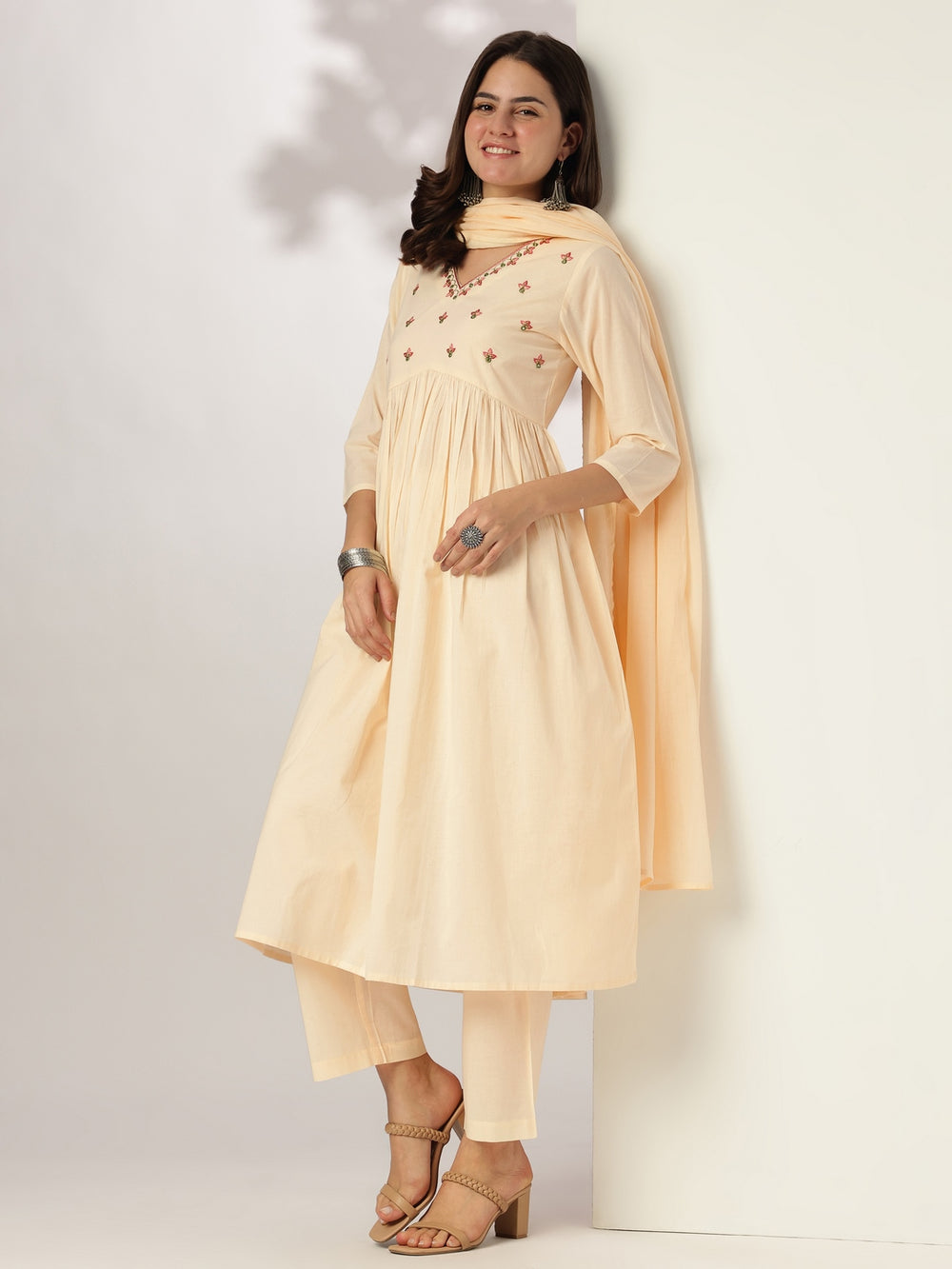 Cream-Cotton-A-Line-Yoke-Embroidered-3-Piece-Kurta-Set