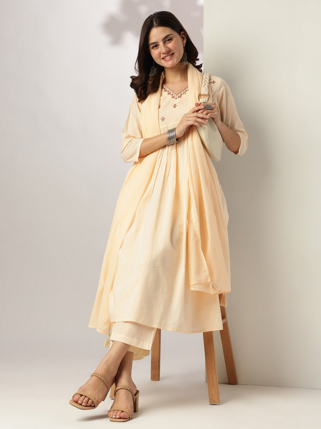 Cream-Cotton-A-Line-Yoke-Embroidered-3-Piece-Kurta-Set