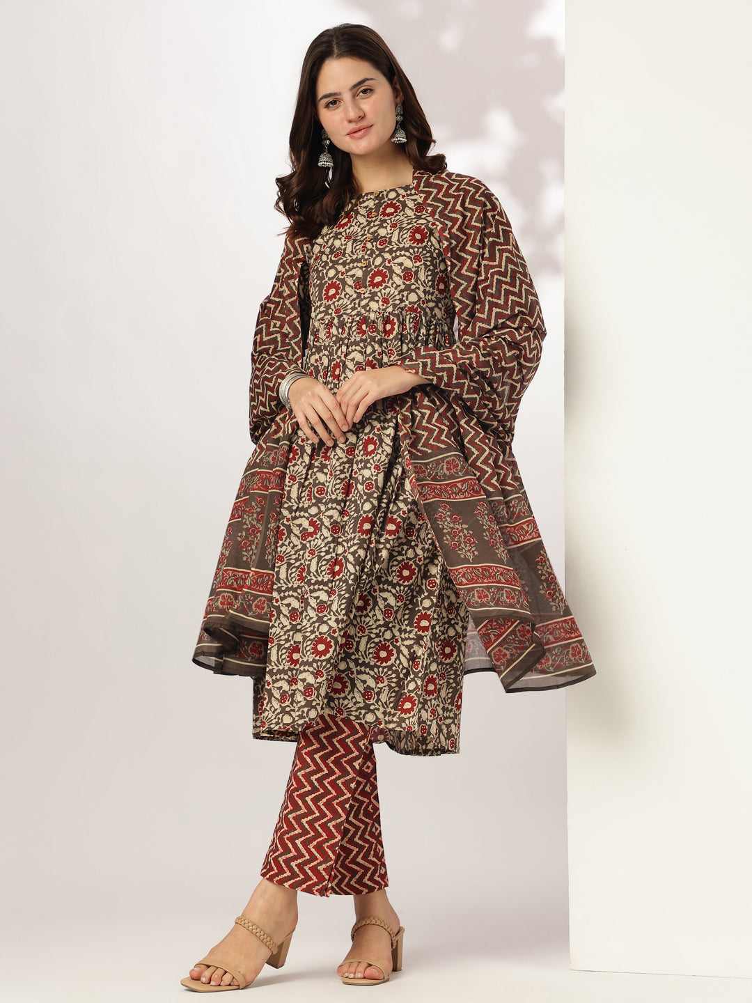 Brown-Cotton-A-Line-Floral-Printed-3-Piece-Kurta-Set