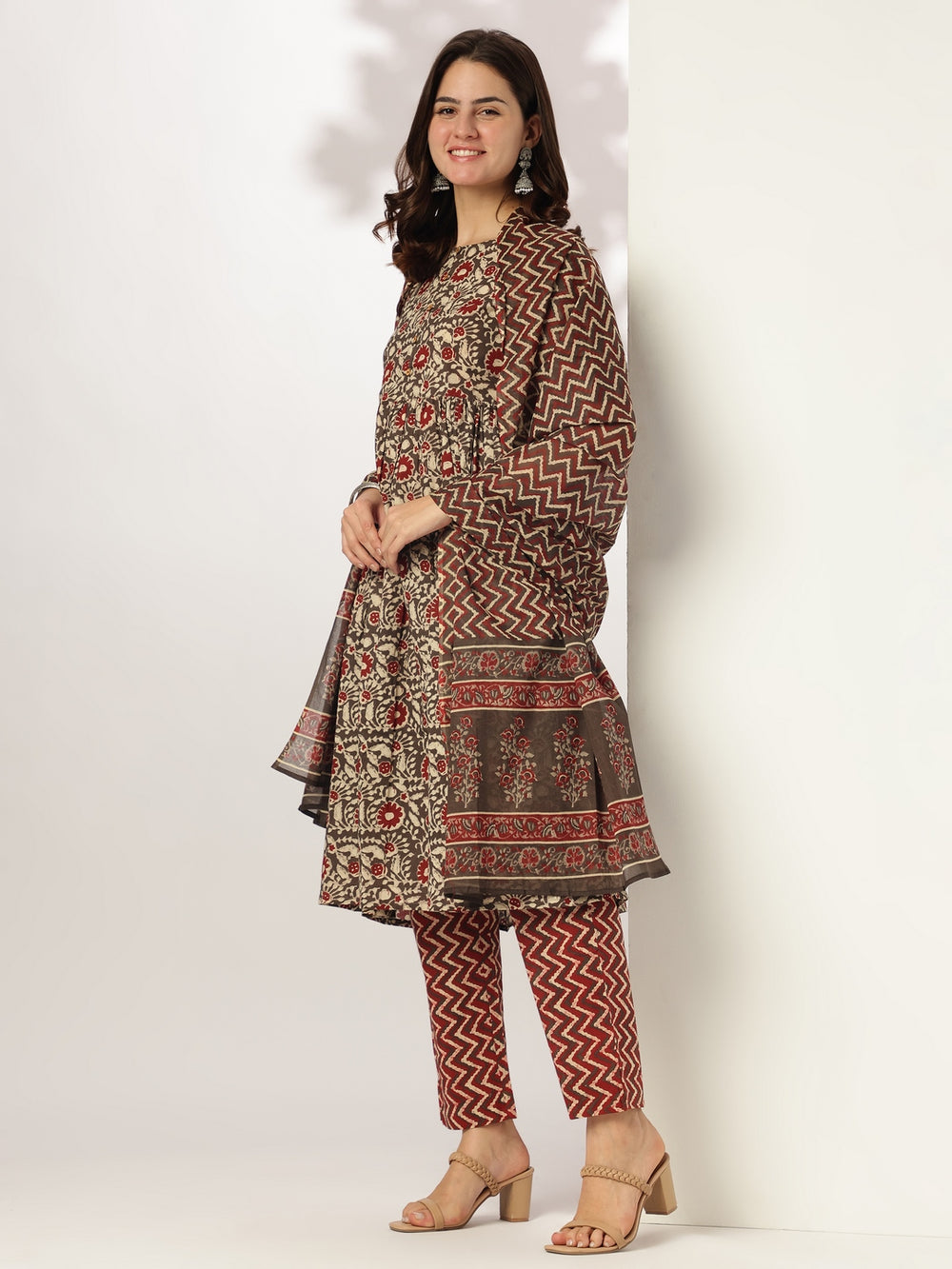 Brown-Cotton-A-Line-Floral-Printed-3-Piece-Kurta-Set