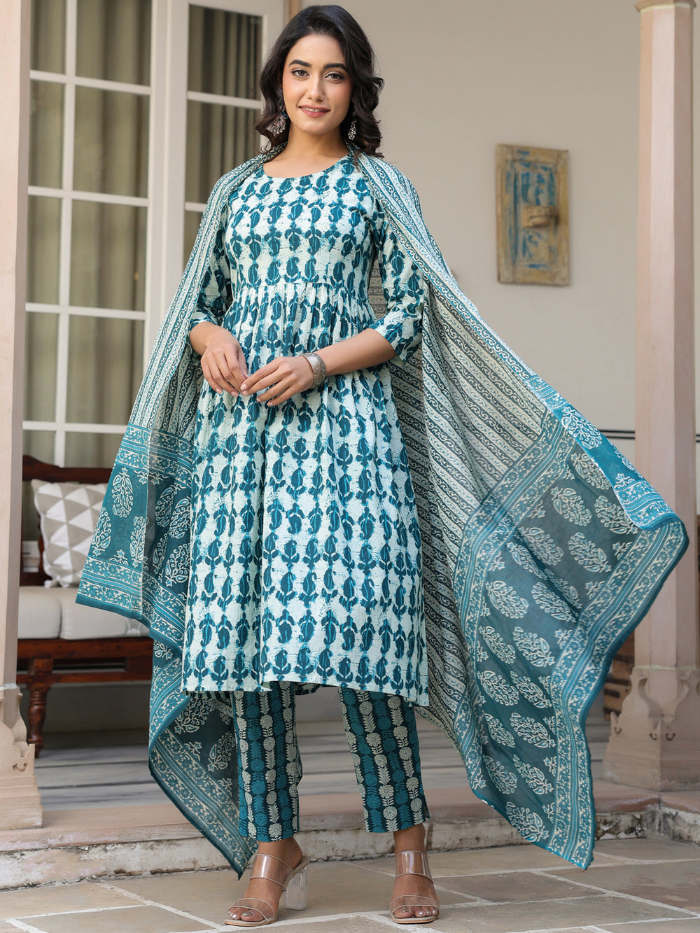 Teal-Cotton-A-Line-Abstract-3-Piece-Kurta-Set