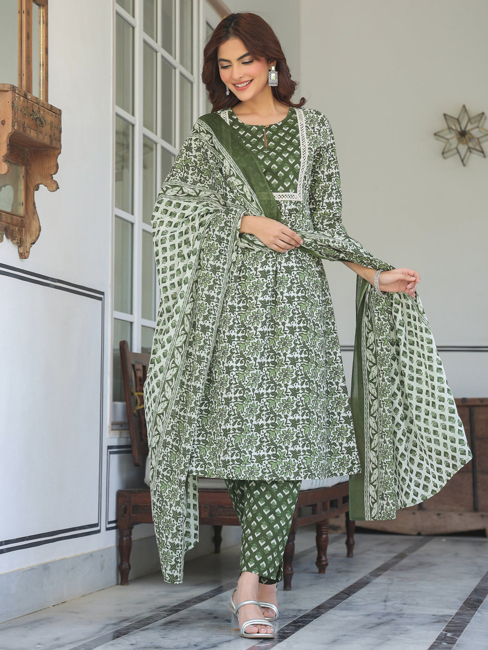 Olive-Cotton-A-Line-Floral-Printed-3-Piece-Kurta-Set