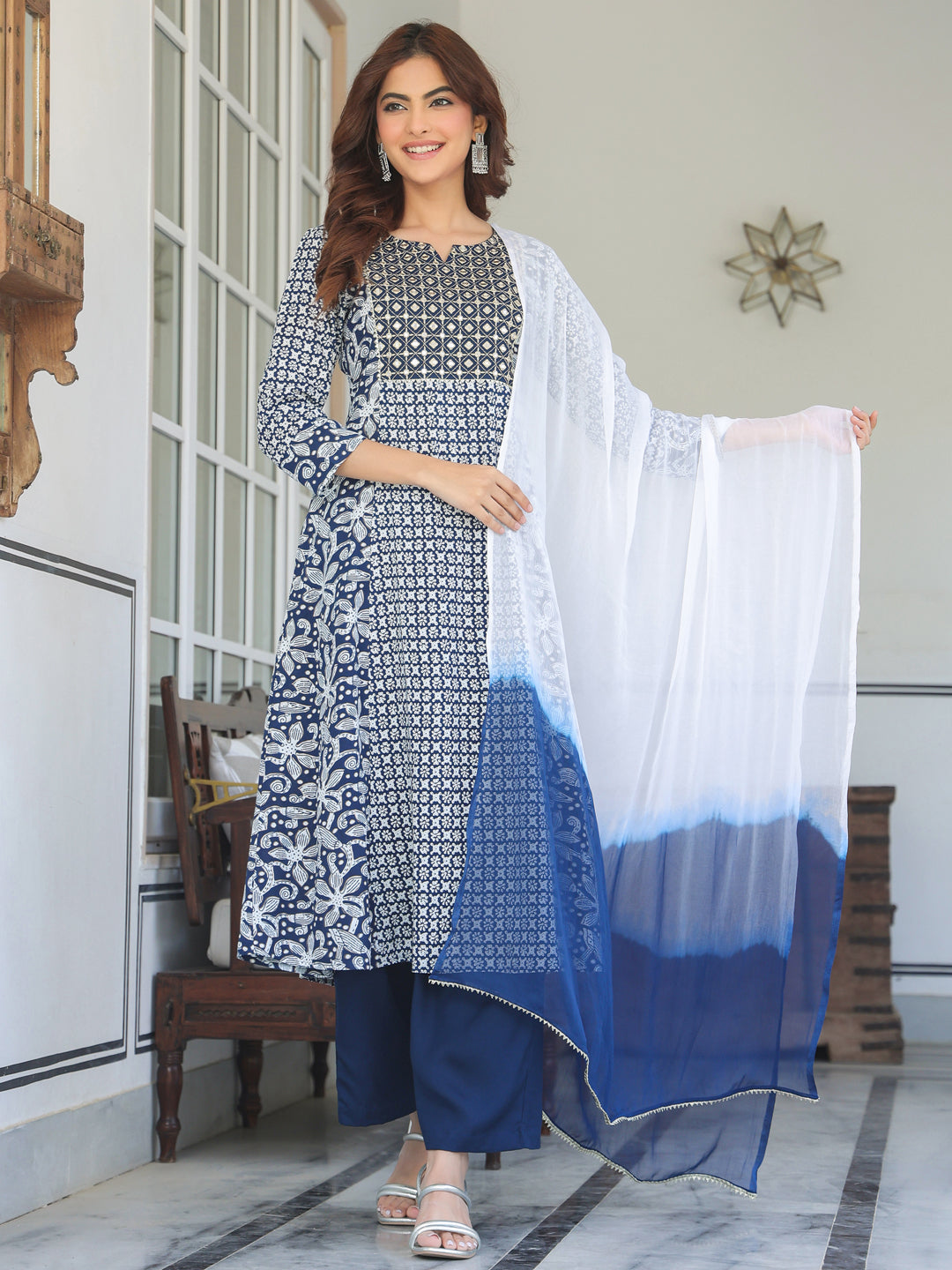 Navy-Blue-Rayon-A-Line-Floral-Printed-3-Piece-Kurta-Set
