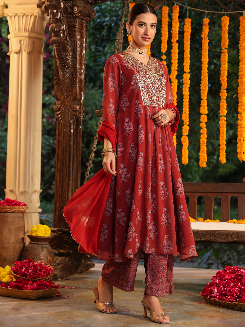 Maroon-Georgette-A-Line-Yoke-Embroidered-3-Piece-Kurta-Set