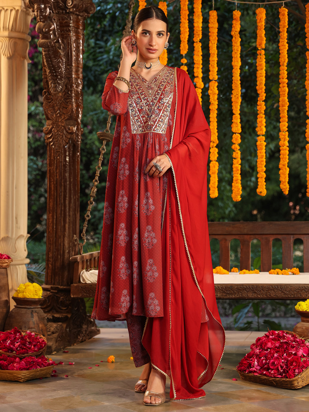 Maroon-Georgette-A-Line-Yoke-Embroidered-3-Piece-Kurta-Set