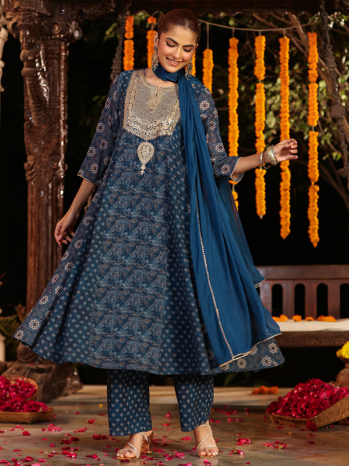 Dark-Blue-Georgette-Ajrakh-Anarkali-Set
