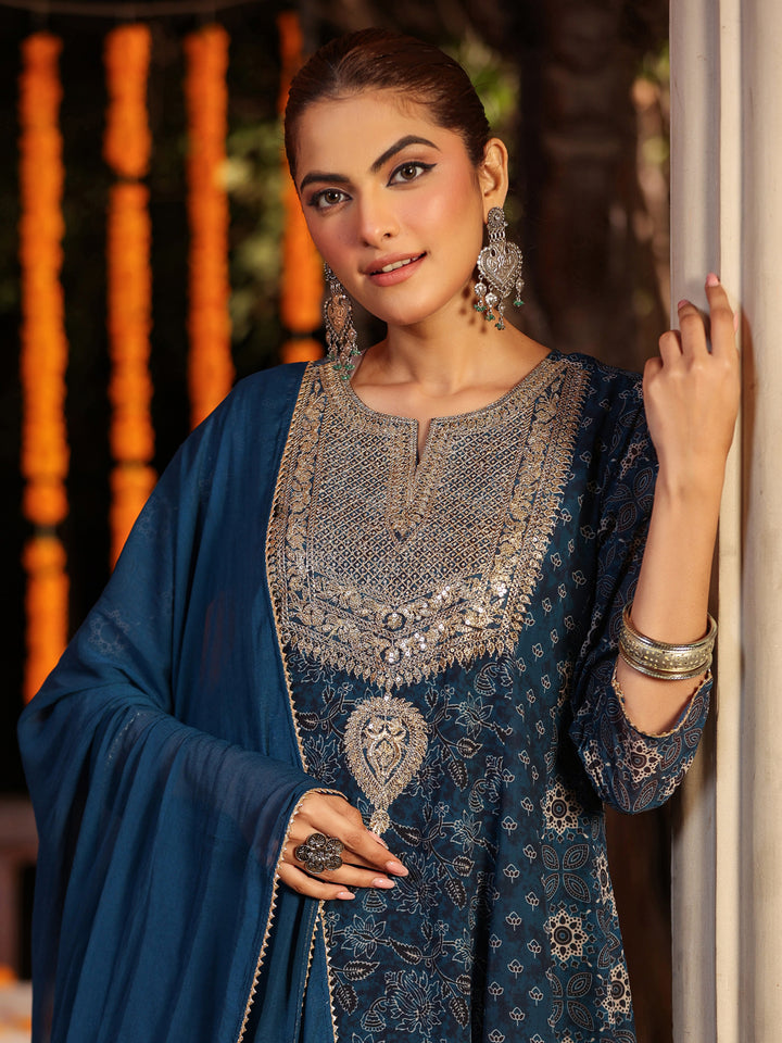 Dark-Blue-Georgette-Ajrakh-Anarkali-Set