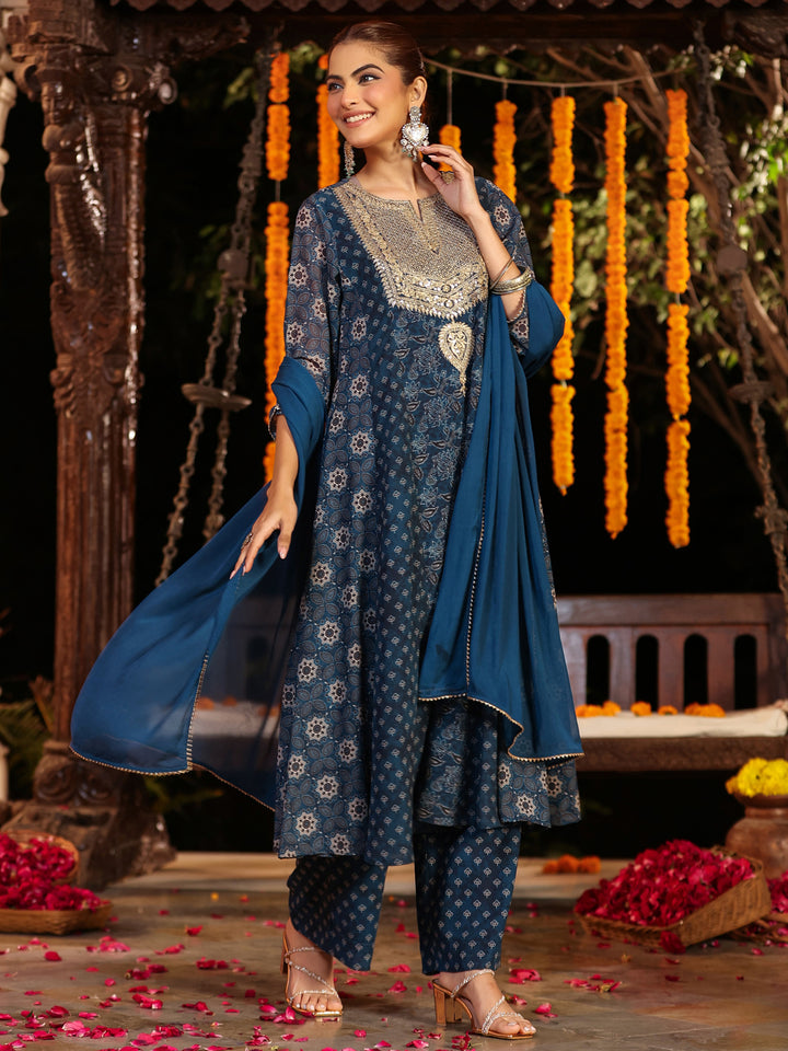 Dark-Blue-Georgette-Ajrakh-Anarkali-Set