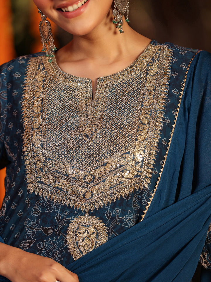 Dark-Blue-Georgette-Ajrakh-Anarkali-Set