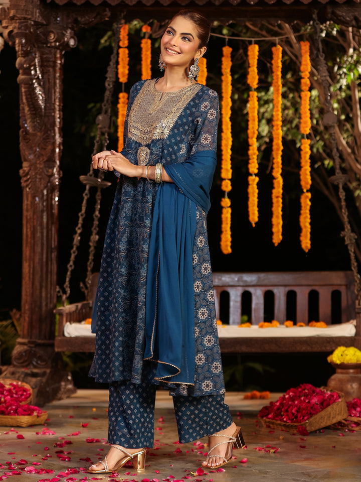 Dark-Blue-Georgette-Ajrakh-Anarkali-Set