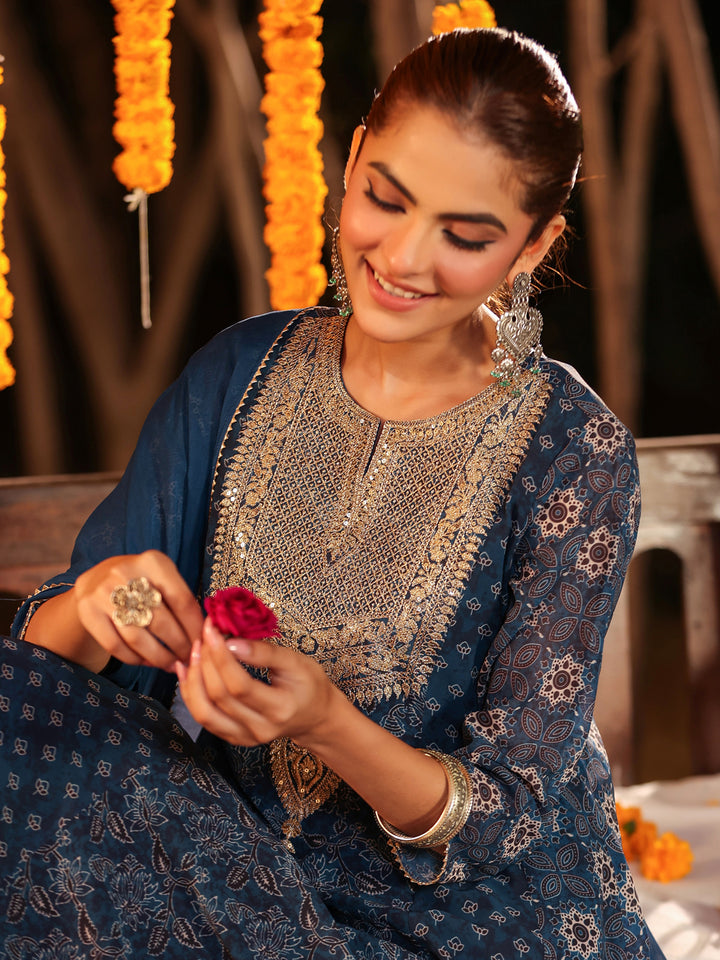 Dark-Blue-Georgette-Ajrakh-Anarkali-Set