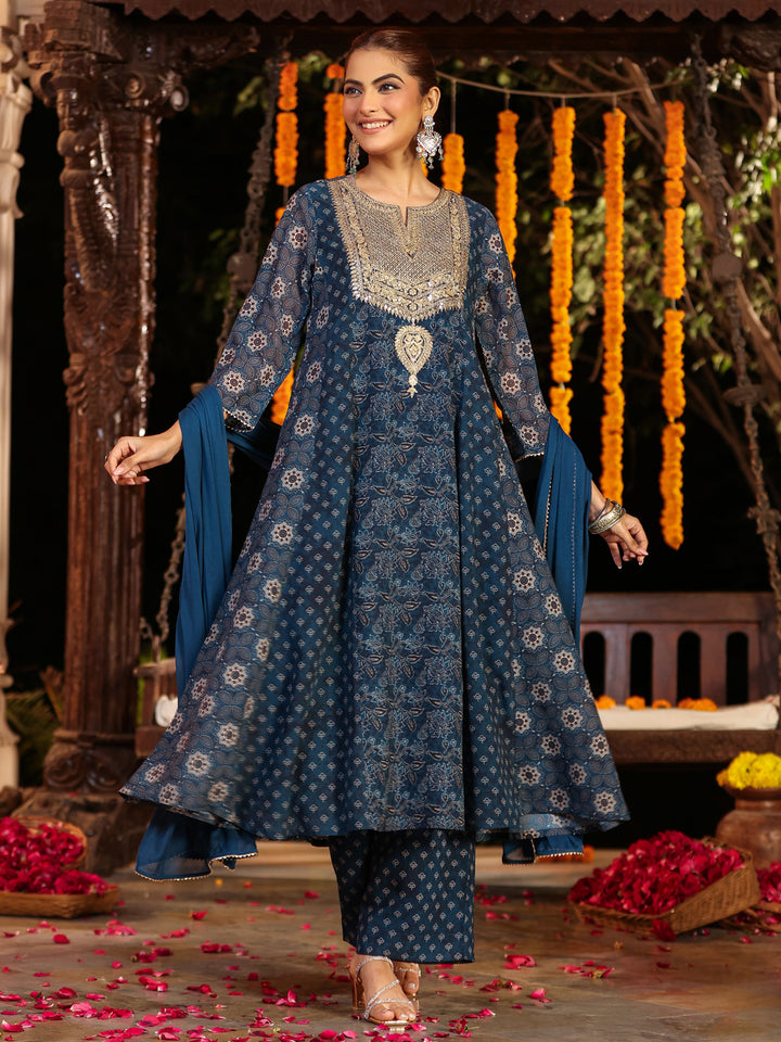 Dark-Blue-Georgette-Ajrakh-Anarkali-Set