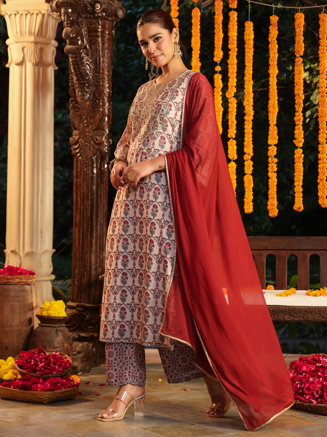 Cream-Georgette-Straight-Ajrakh-3-Piece-Kurta-Set