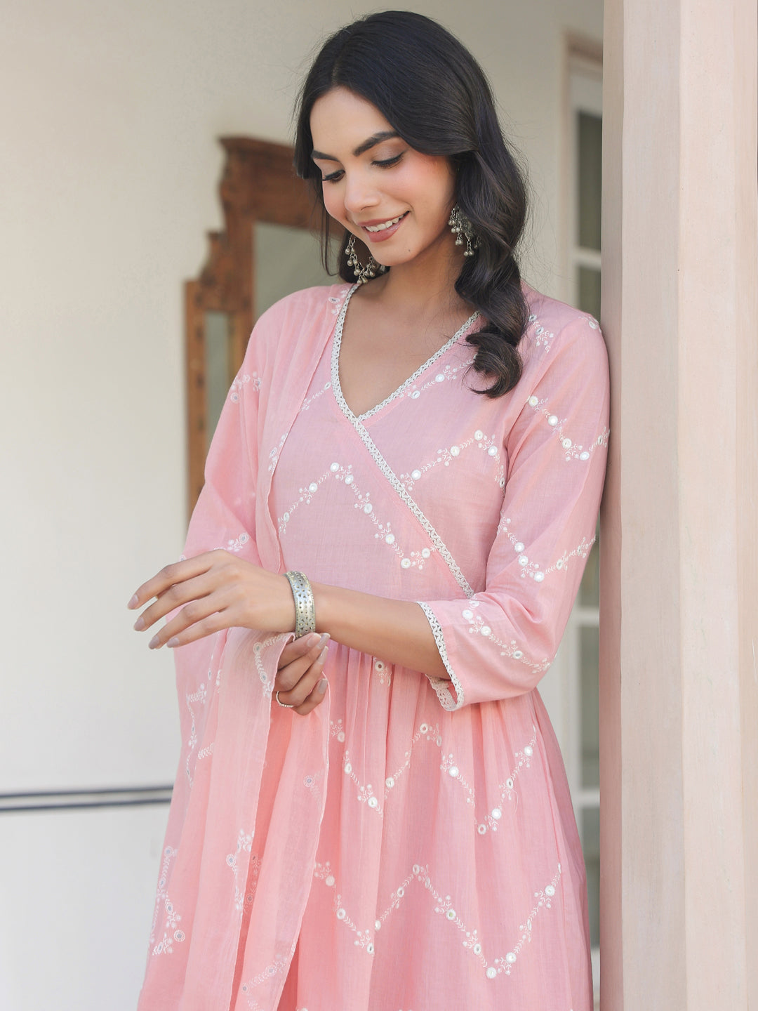 Peach Cotton A-Line Embroidered 3-Piece Kurta Set