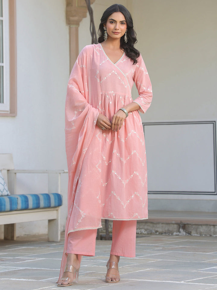 Peach-Cotton-A-Line-Embroidered-3-Piece-Kurta-Set